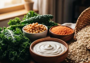 Foods for stable blood sugar: oats, lentils, chickpeas, kale and Greek yogurt