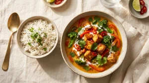 Creamy coconut curry with golden tofu, broccoli and red pepper