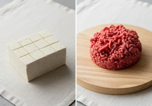Tofu and lean beef 95 lean side by side, photographed for nutritional comparison