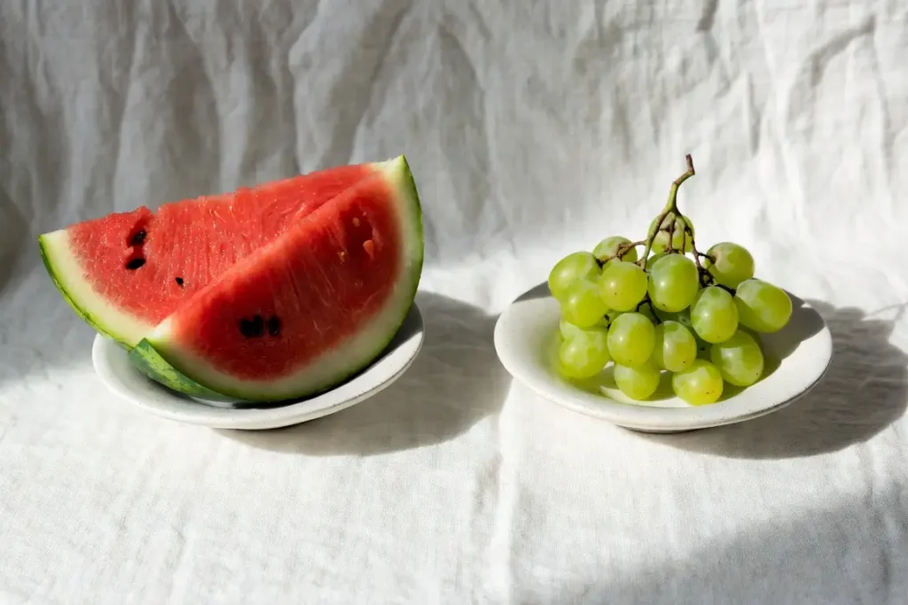 Watermelon and grapes side by side, photographed for nutritional comparison