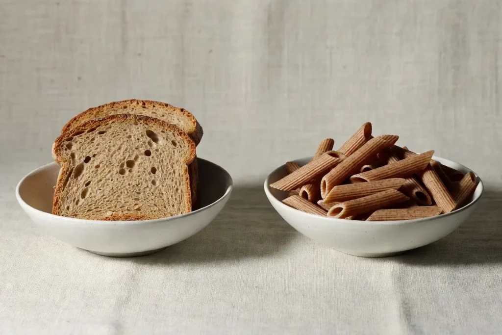Whole wheat bread and whole wheat pasta side by side, photographed for nutritional comparison