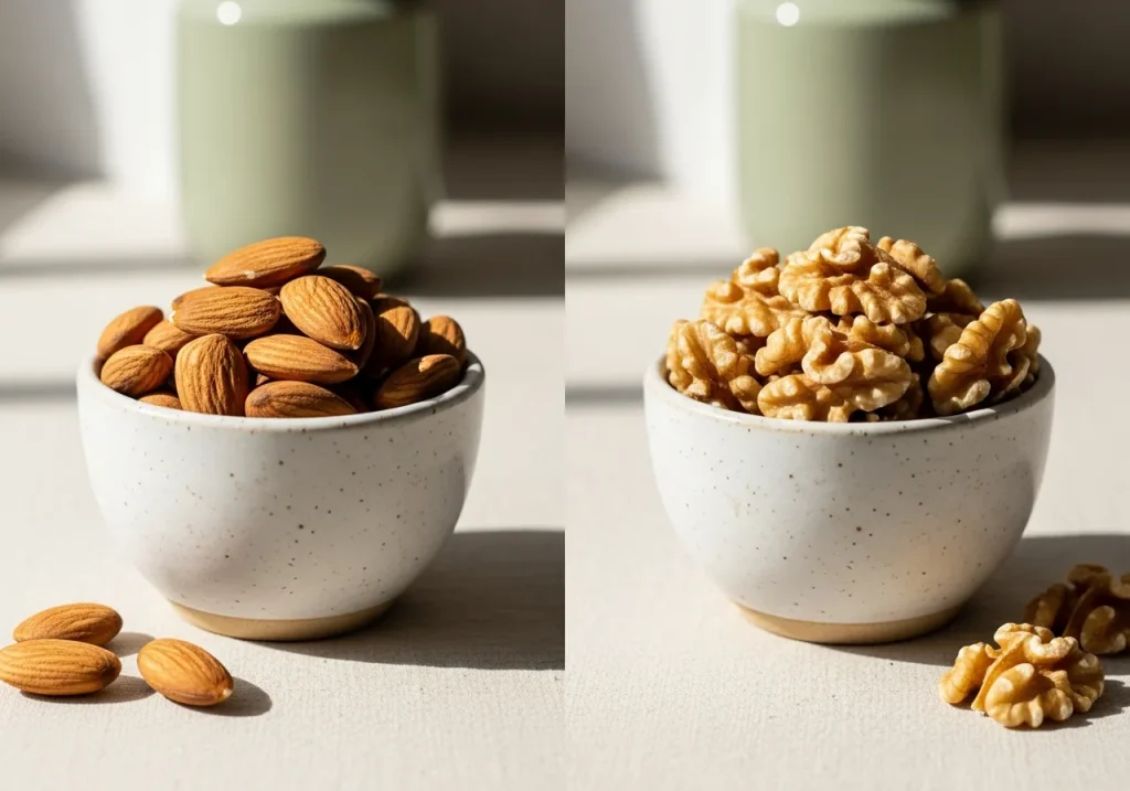 Almonds and walnuts side by side, photographed for nutritional comparison