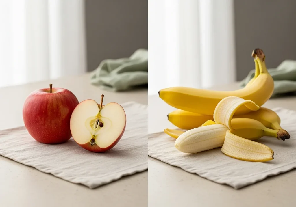 Apple and banana side by side, photographed for nutritional comparison