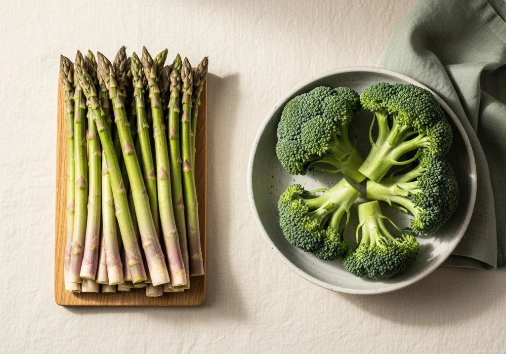 Asparagus and broccoli side by side, photographed for nutritional comparison