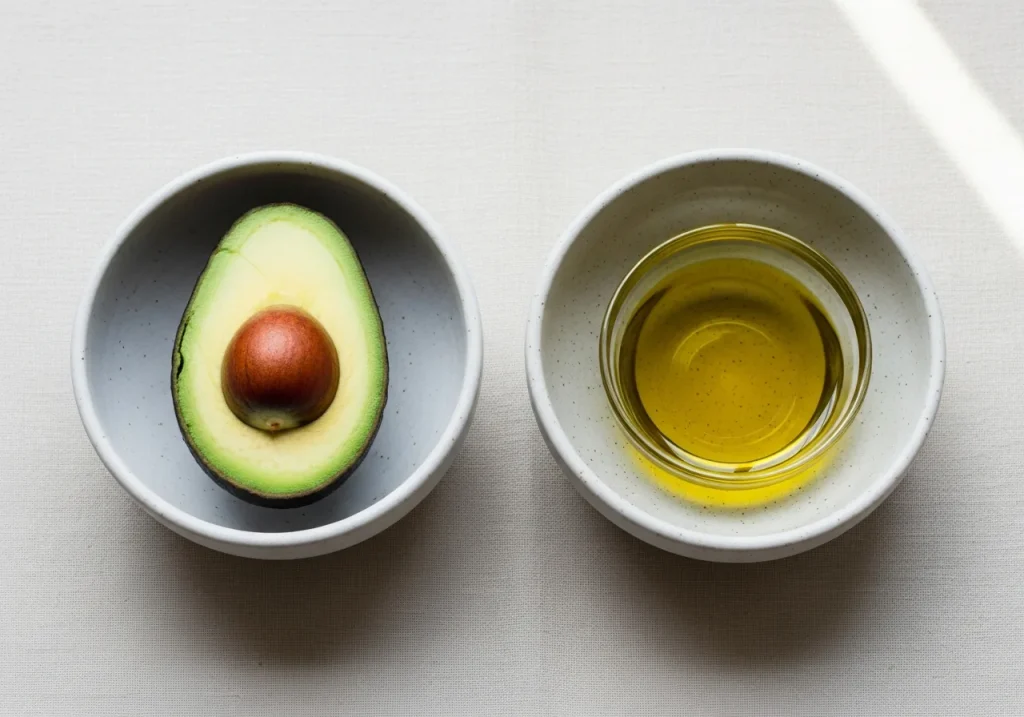 Avocado and extra virgin olive oil side by side, photographed for nutritional comparison