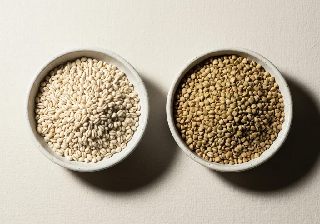 Barley and buckwheat side by side, photographed for nutritional comparison