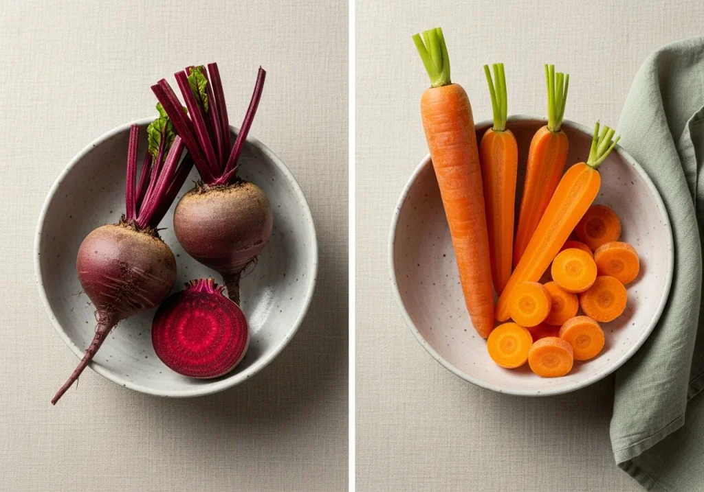 Beetroot and carrot side by side, photographed for nutritional comparison