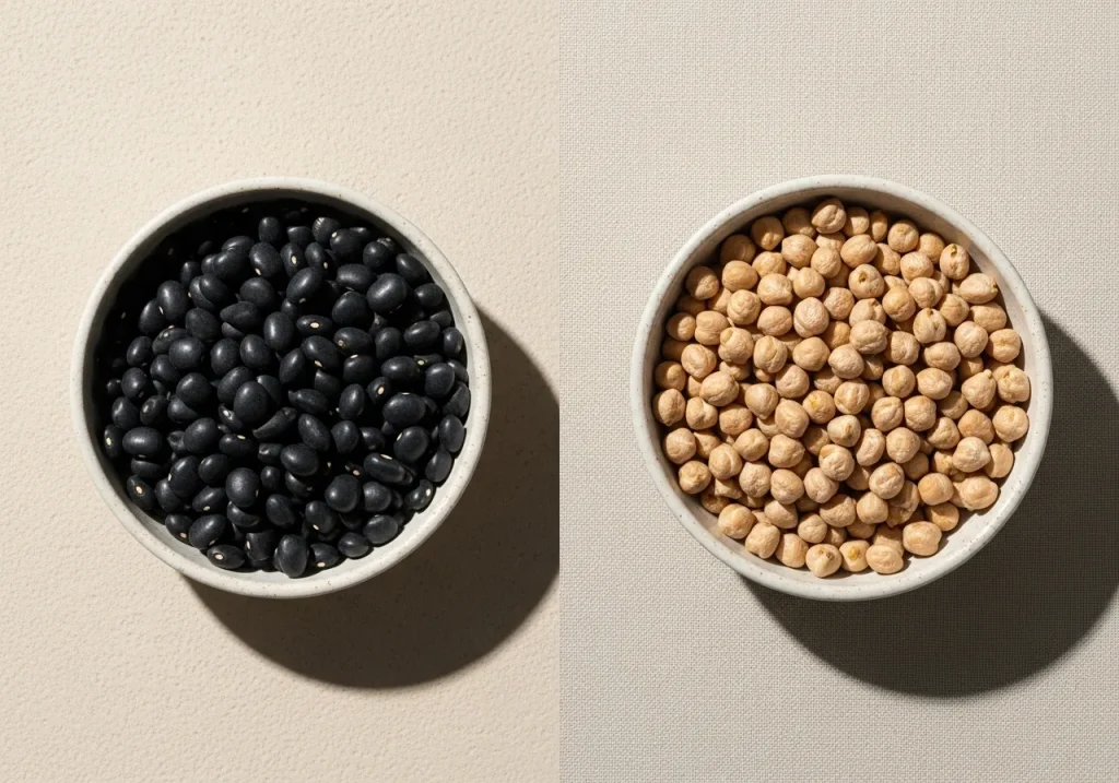 Black beans and chickpeas side by side, photographed for nutritional comparison