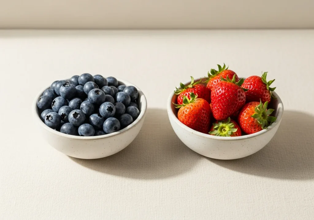 Blueberries and strawberries side by side, photographed for nutritional comparison