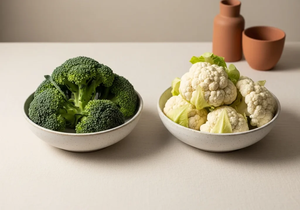 Broccoli and cauliflower side by side, photographed for nutritional comparison