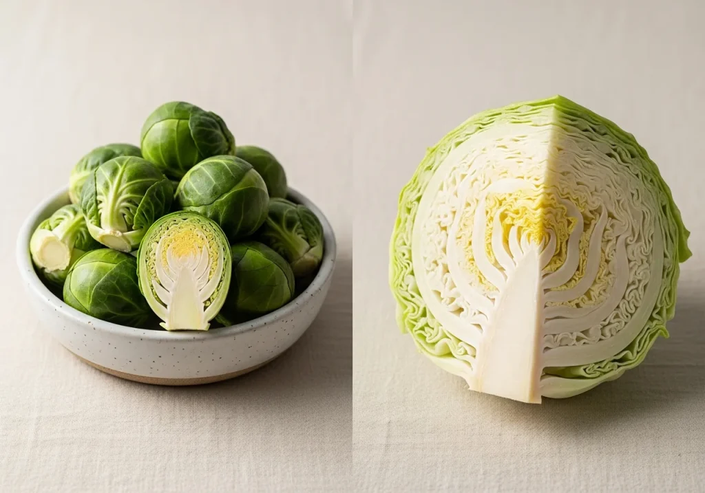 Brussels sprouts and cabbage side by side, photographed for nutritional comparison