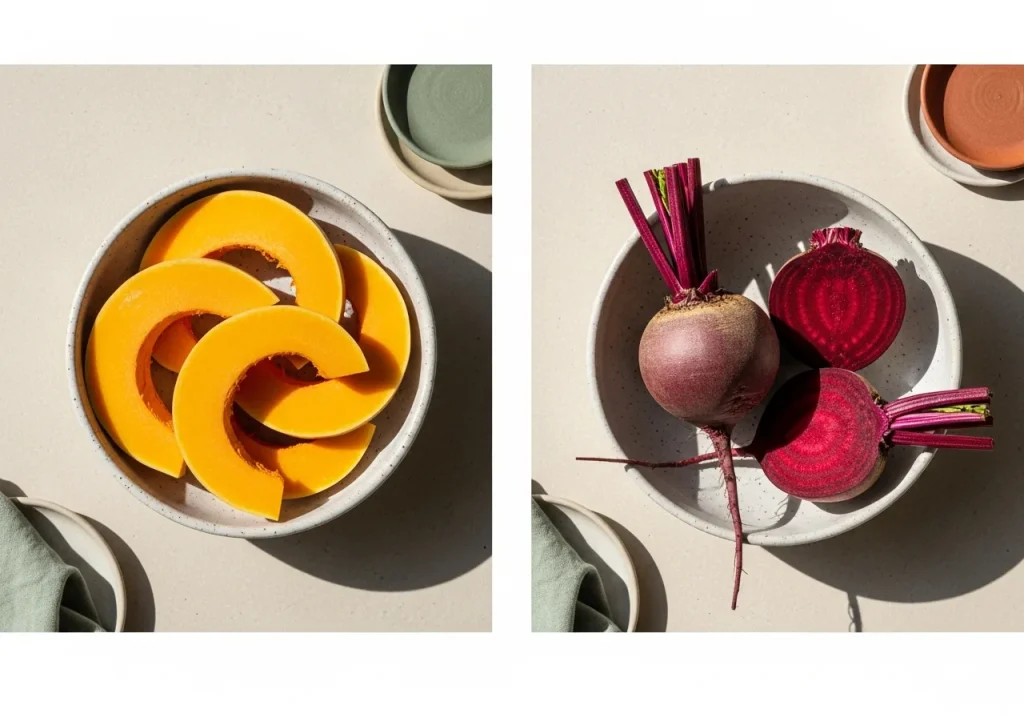 Butternut squash and beetroot side by side, photographed for nutritional comparison