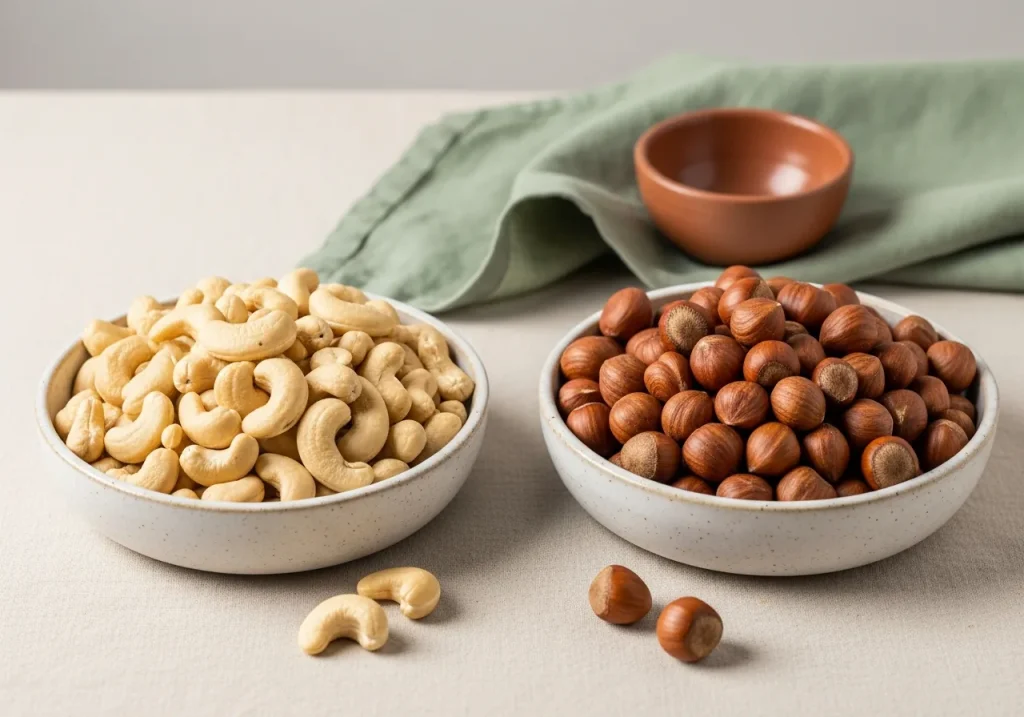 Cashews and hazelnuts side by side, photographed for nutritional comparison