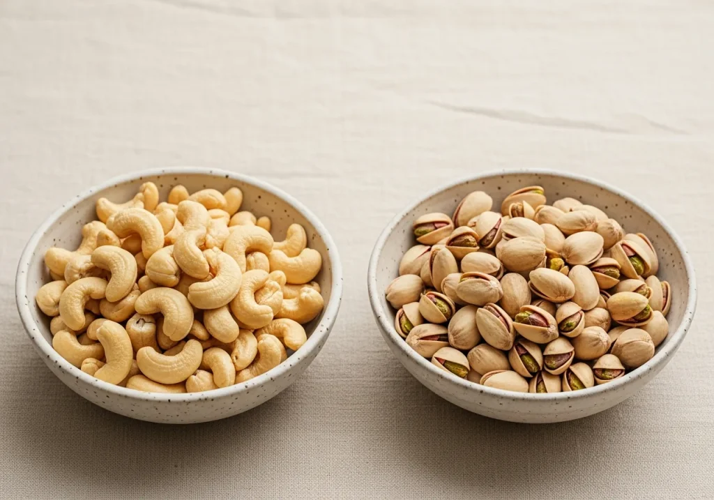 Cashews and pistachios side by side, photographed for nutritional comparison