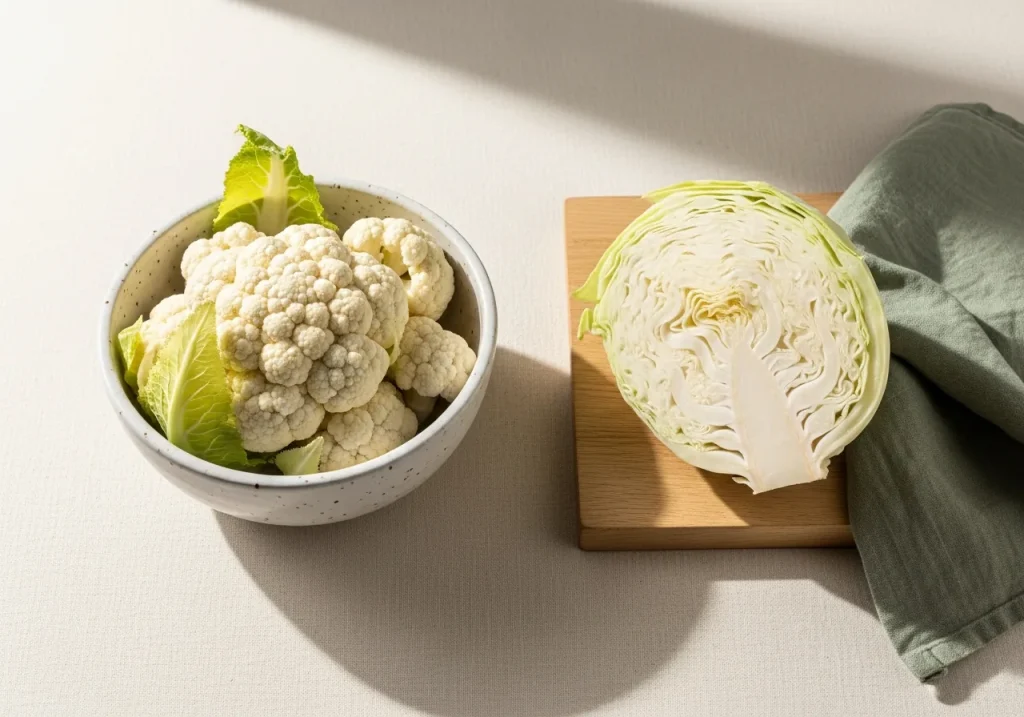 Cauliflower and cabbage side by side, photographed for nutritional comparison