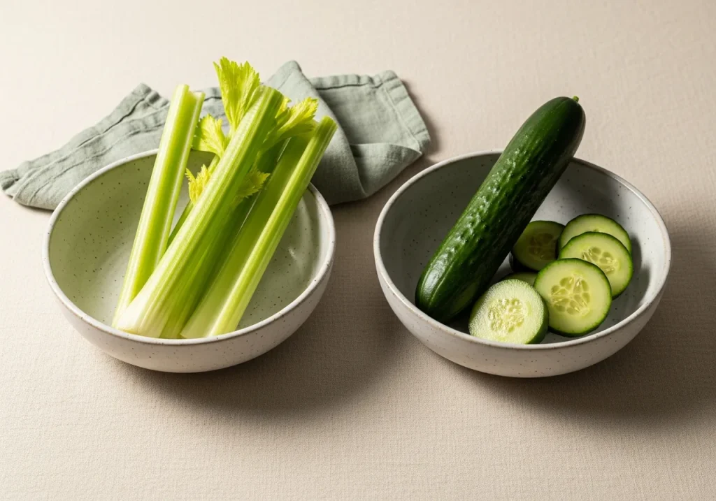Celery and cucumber side by side, photographed for nutritional comparison