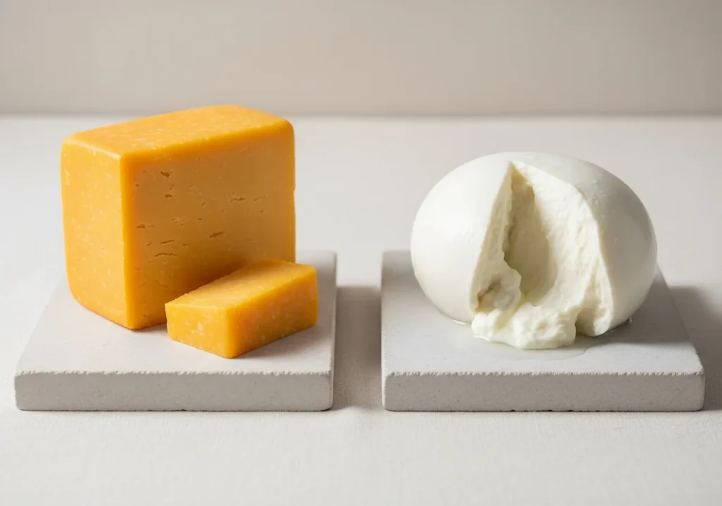 Cheddar and mozzarella side by side, photographed for nutritional comparison