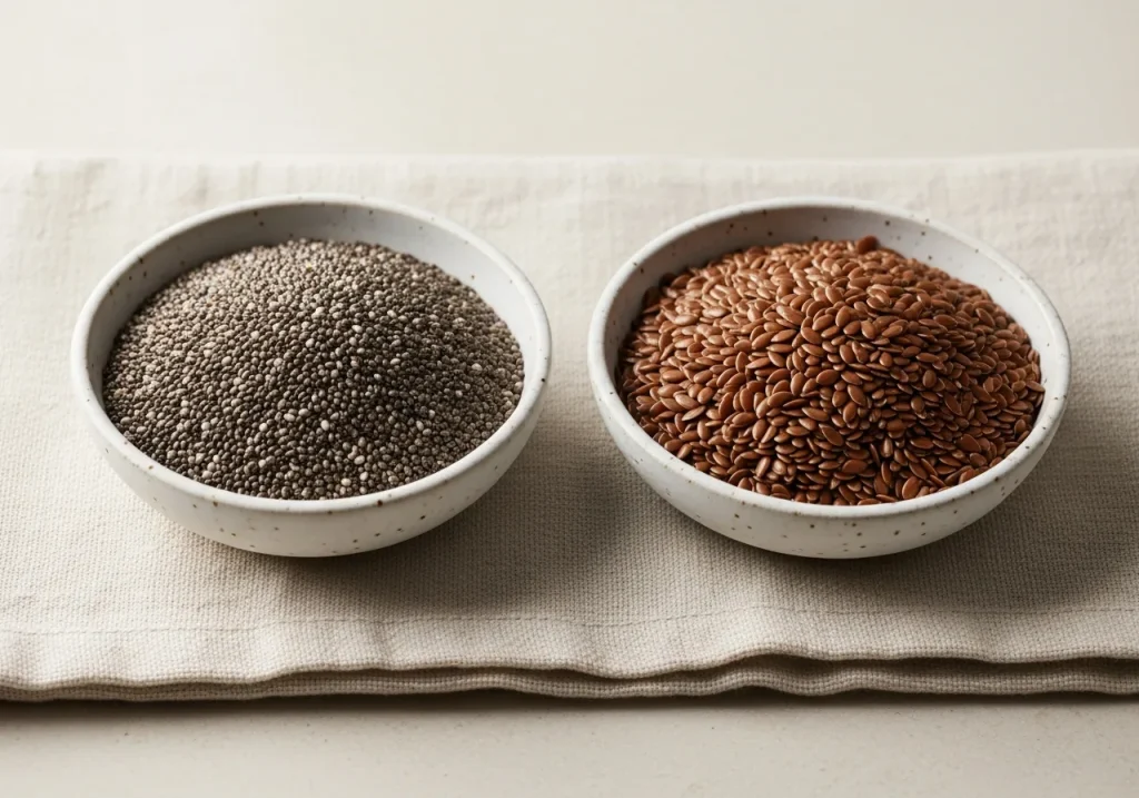 Chia seeds and flaxseed side by side, photographed for nutritional comparison