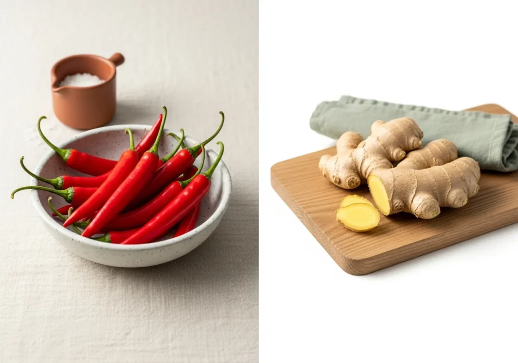 Chilli pepper and ginger side by side, photographed for nutritional comparison