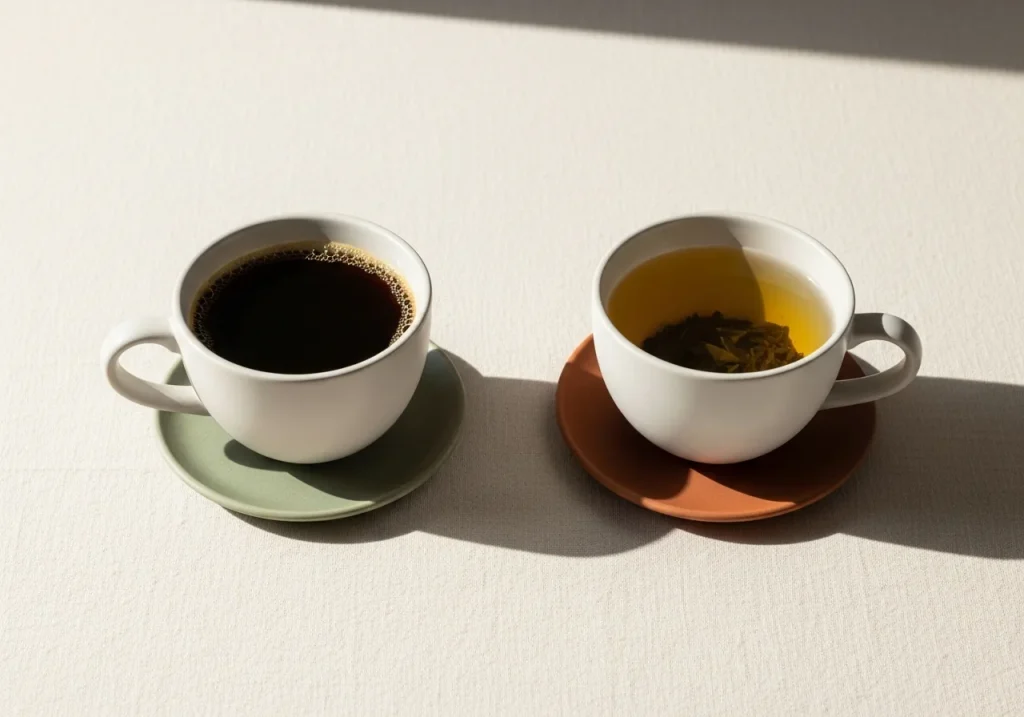 Coffee and green tea side by side, photographed for nutritional comparison