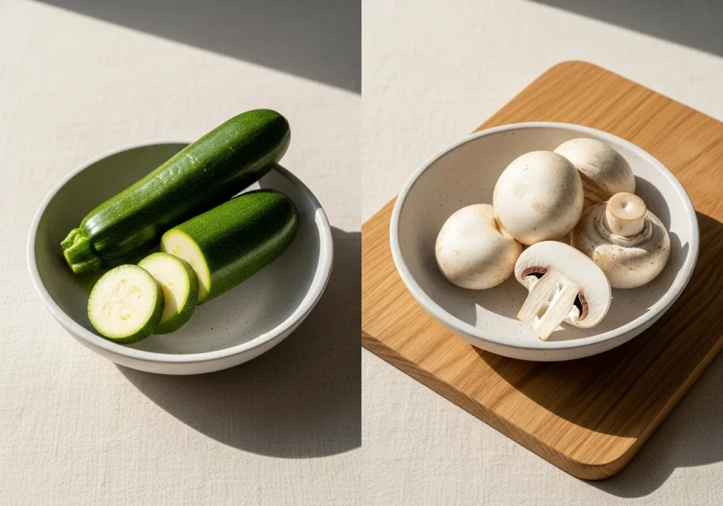 Courgette and mushrooms side by side, photographed for nutritional comparison