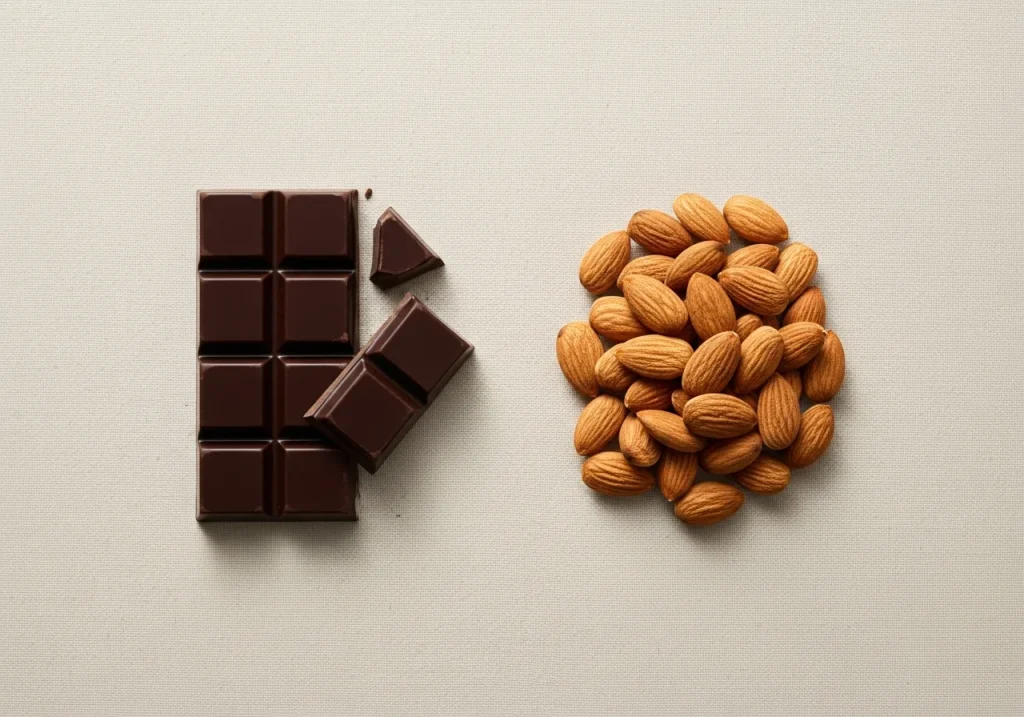Dark chocolate and almonds side by side, photographed for nutritional comparison