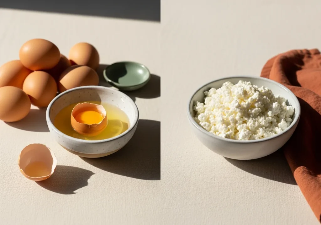 Eggs and cottage cheese side by side, photographed for nutritional comparison