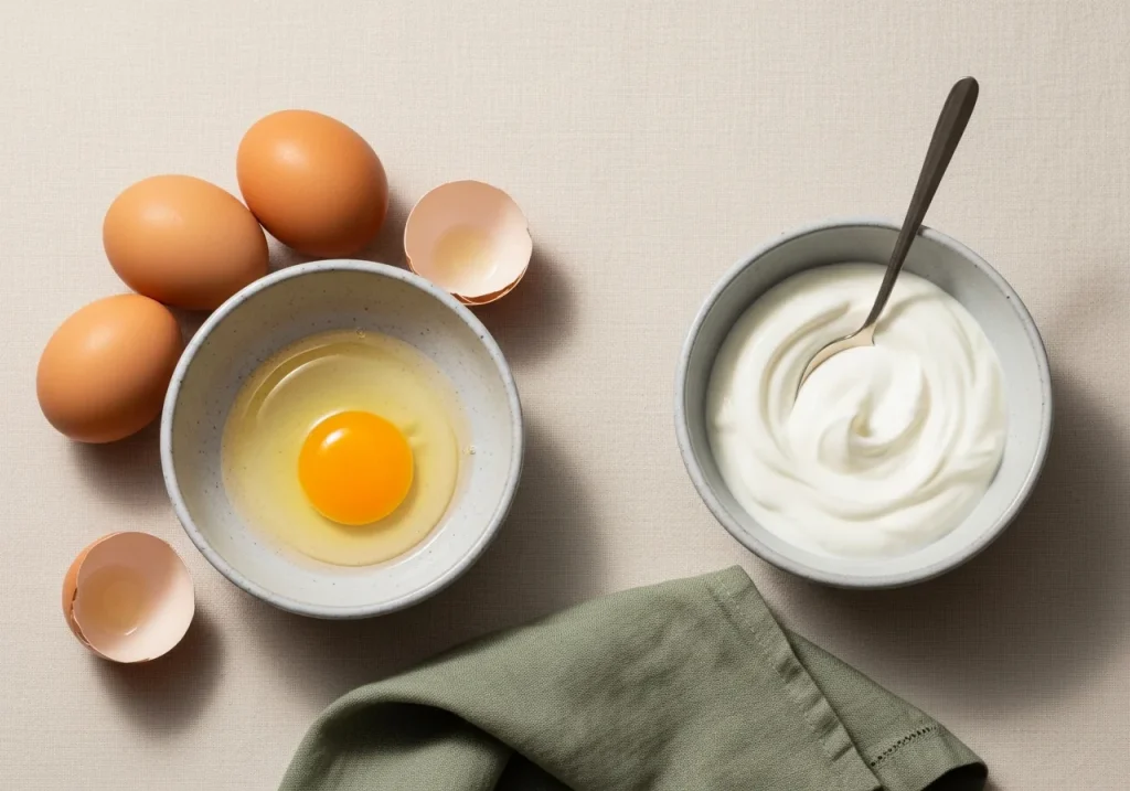 Eggs and greek yogurt side by side, photographed for nutritional comparison