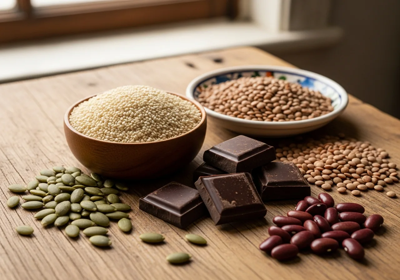 Foods High in Iron: Sesame Seeds, Dark Chocolate (70–85%), Pumpkin Seeds, Lentils, Kidney Beans