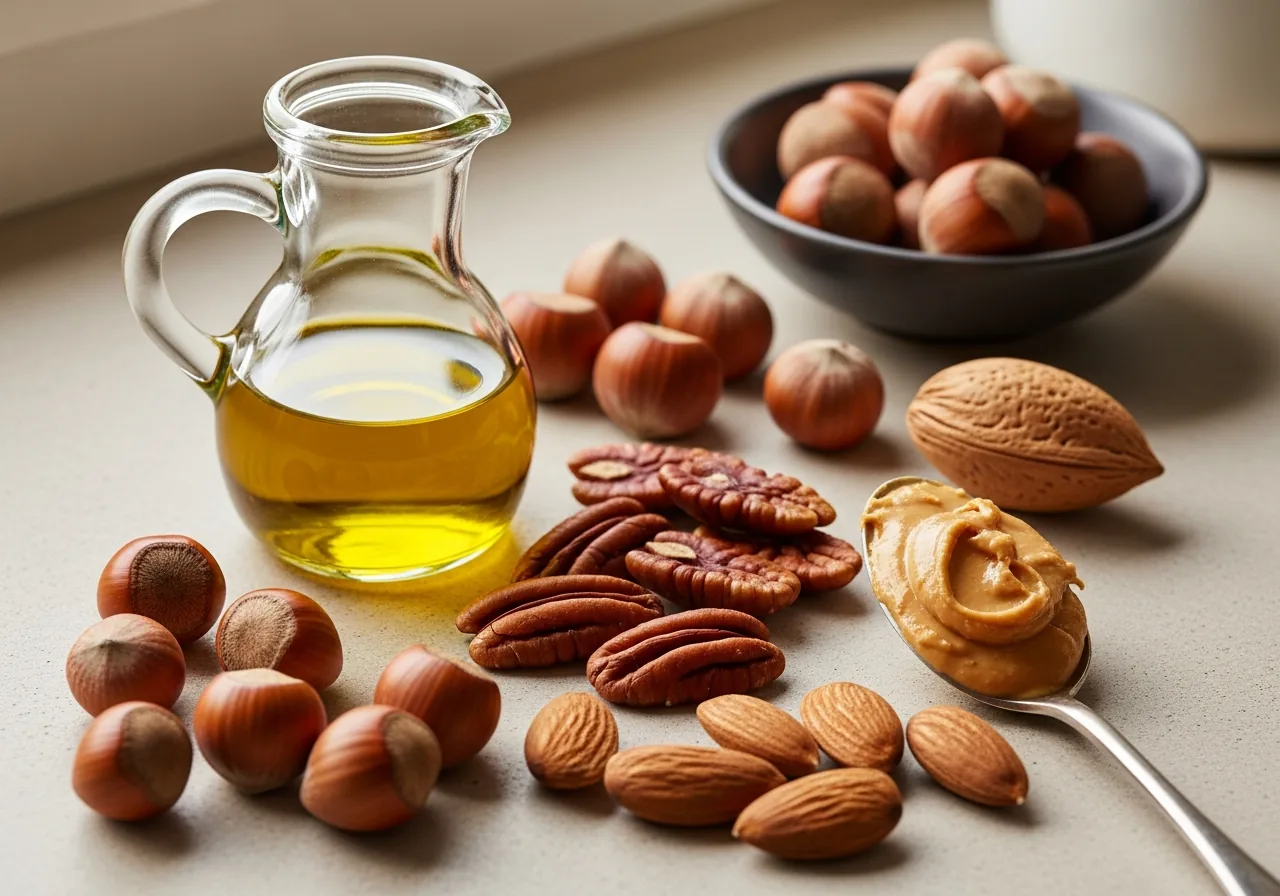 Foods High in Monounsaturated Fat: Extra Virgin Olive Oil, Hazelnuts, Pecans, Almonds, Peanut Butter