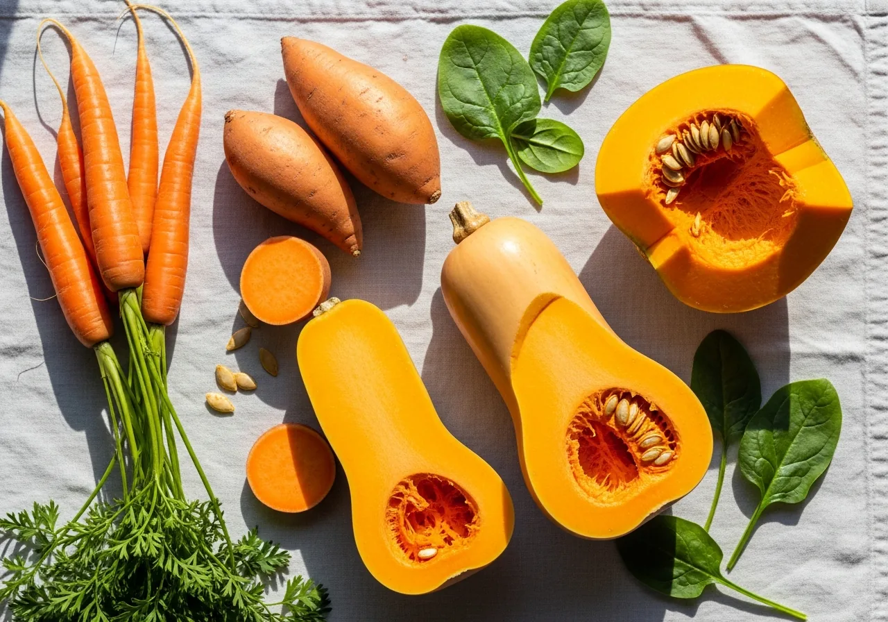Foods High in Vitamin A: Carrot, Sweet Potato, Butternut Squash, Spinach, Pumpkin