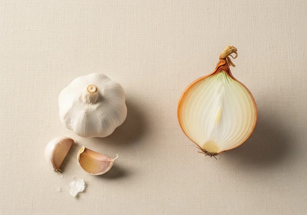 Garlic and onion side by side, photographed for nutritional comparison
