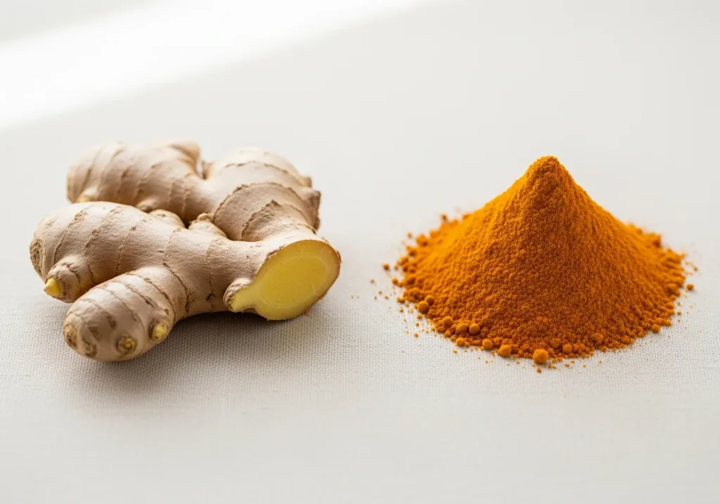 Ginger and turmeric side by side, photographed for nutritional comparison