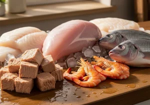 High-Protein, Low-Calorie Foods: canned tuna, Shrimp, Cod, raw turkey breast, Tilapia