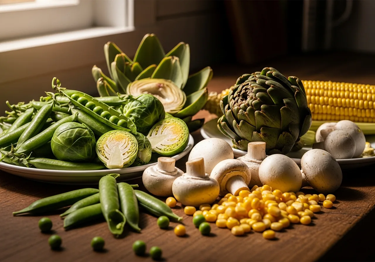 High-Protein Vegetables: Green Peas, Brussels Sprouts, Artichoke, Corn, white mushrooms