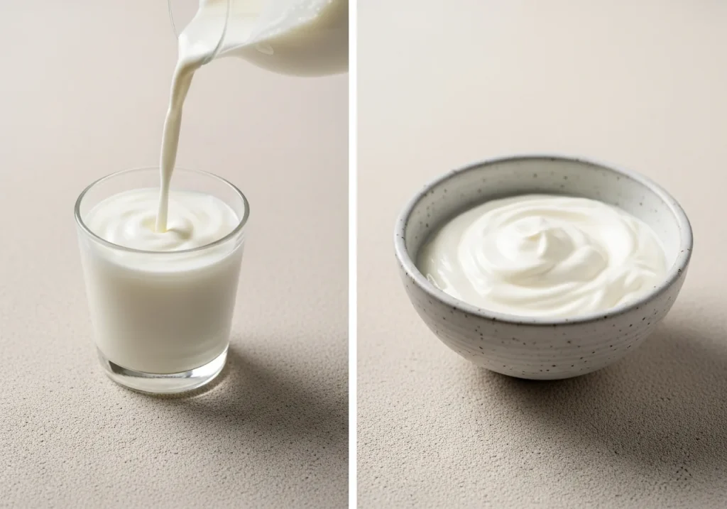 Kefir and greek yogurt side by side, photographed for nutritional comparison
