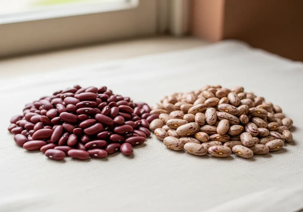 Kidney beans and pinto beans side by side, photographed for nutritional comparison
