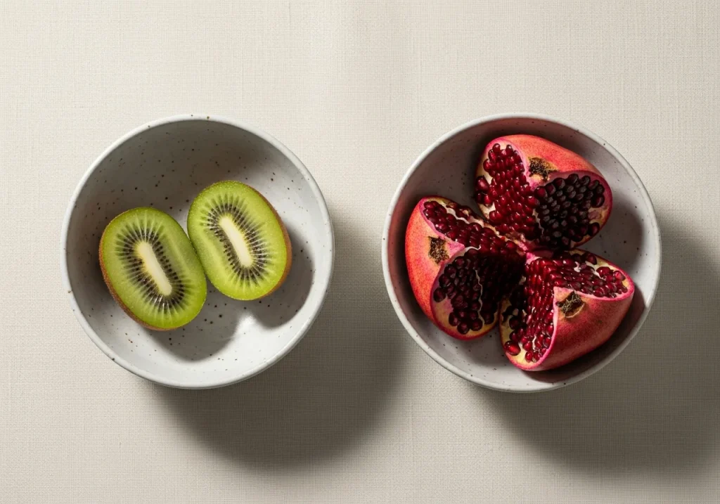 Kiwifruit and pomegranate side by side, photographed for nutritional comparison