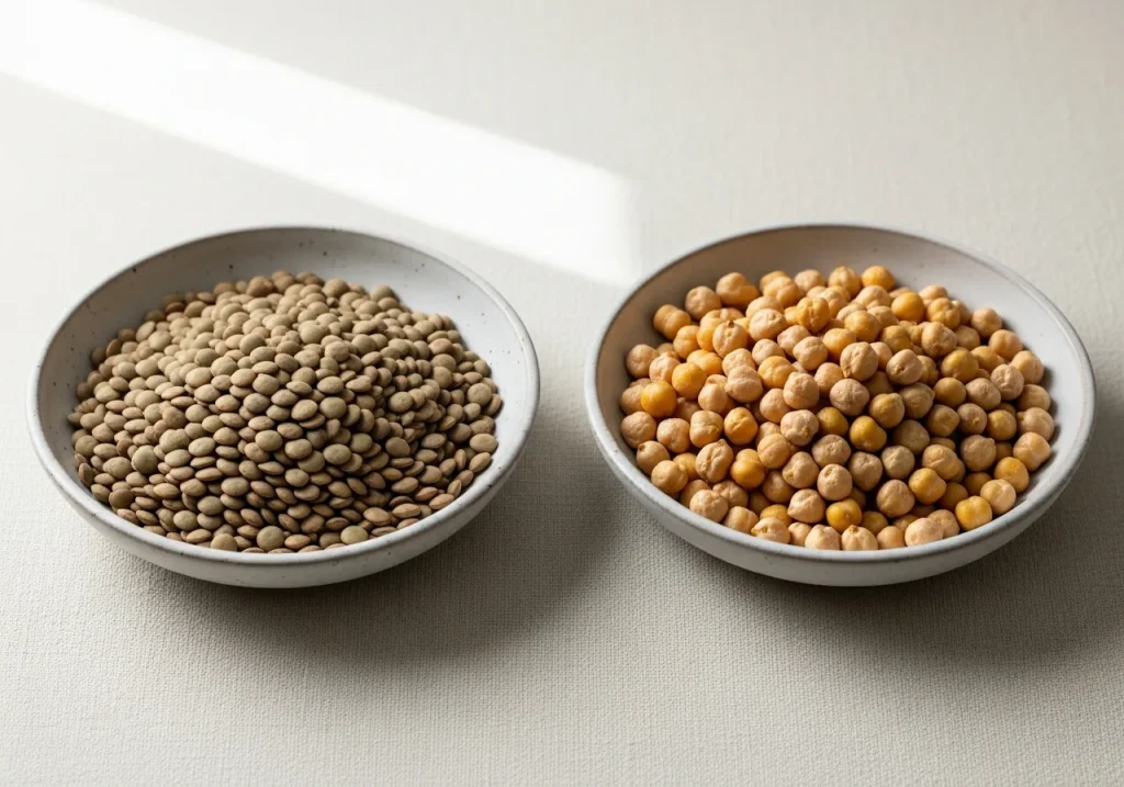 Lentils and chickpeas side by side, photographed for nutritional comparison