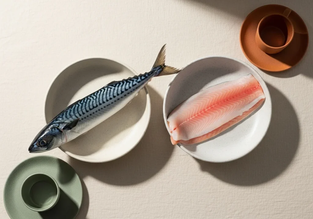 Mackerel and rainbow trout side by side, photographed for nutritional comparison