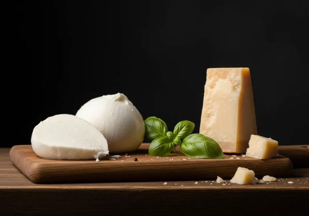 Mozzarella and parmesan side by side, photographed for nutritional comparison