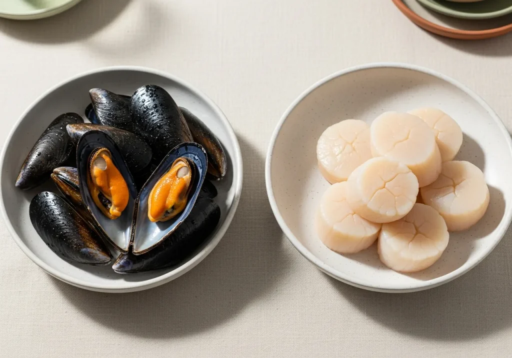 Mussels and scallops side by side, photographed for nutritional comparison