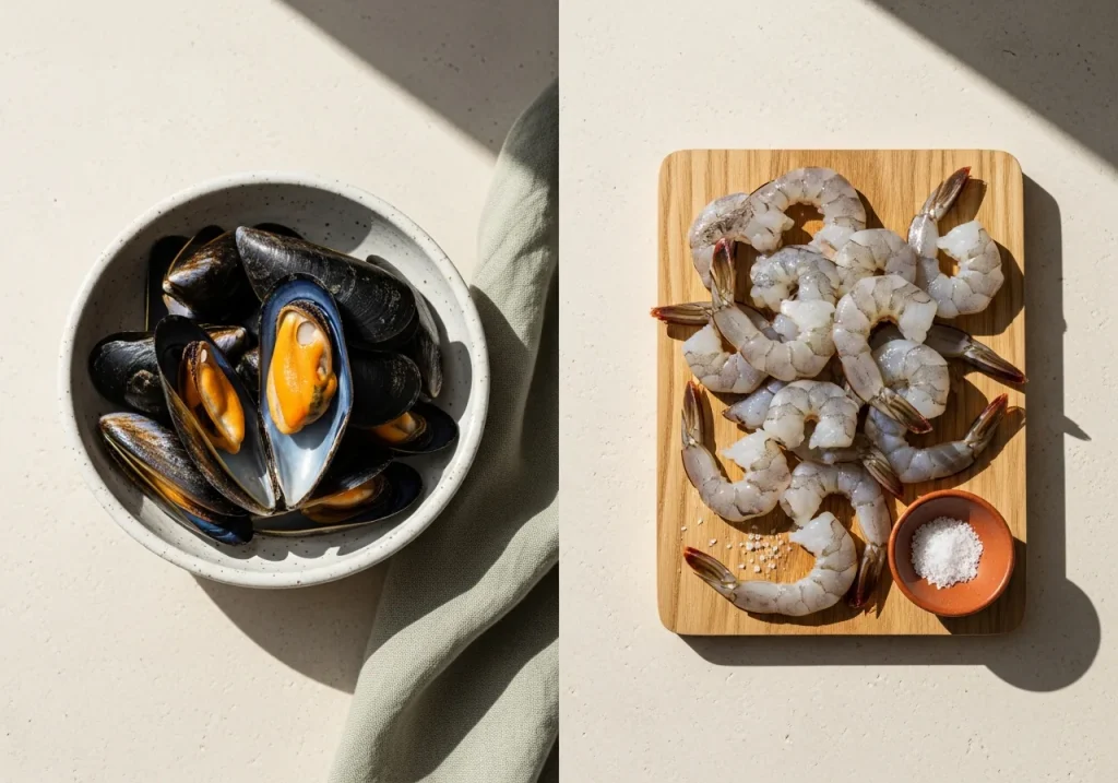 Mussels and shrimp side by side, photographed for nutritional comparison