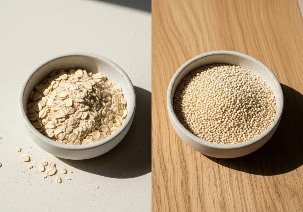 Oats and quinoa side by side, photographed for nutritional comparison