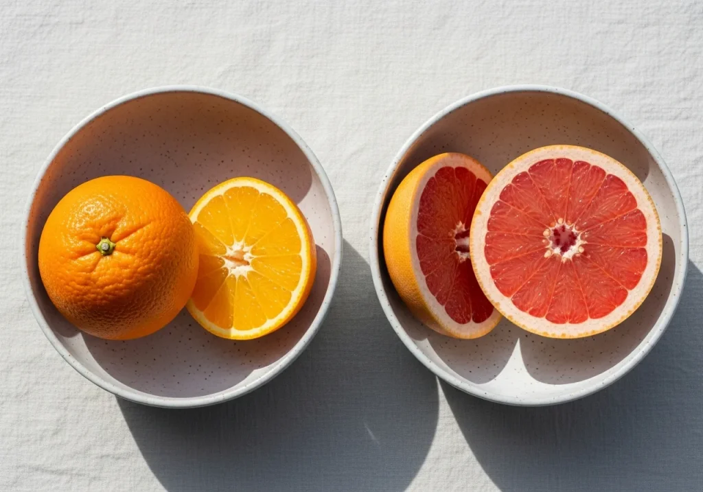 Orange and grapefruit side by side, photographed for nutritional comparison