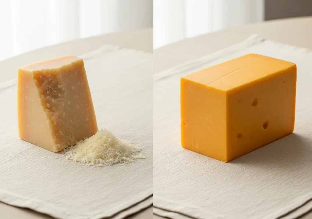 Parmesan and cheddar cheese side by side, photographed for nutritional comparison