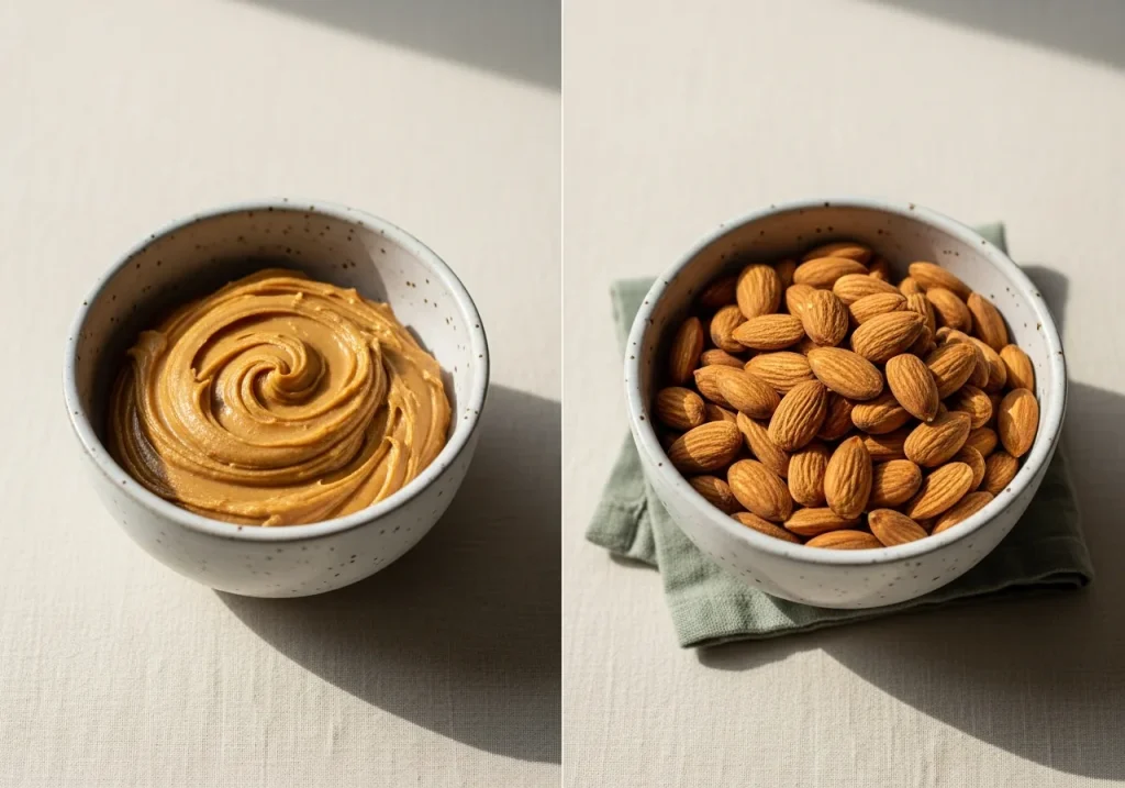 Peanut butter and almonds side by side, photographed for nutritional comparison