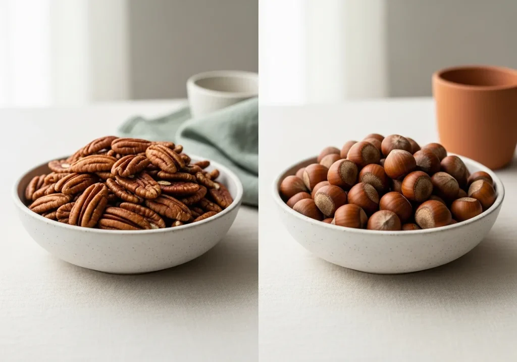 Pecans and hazelnuts side by side, photographed for nutritional comparison