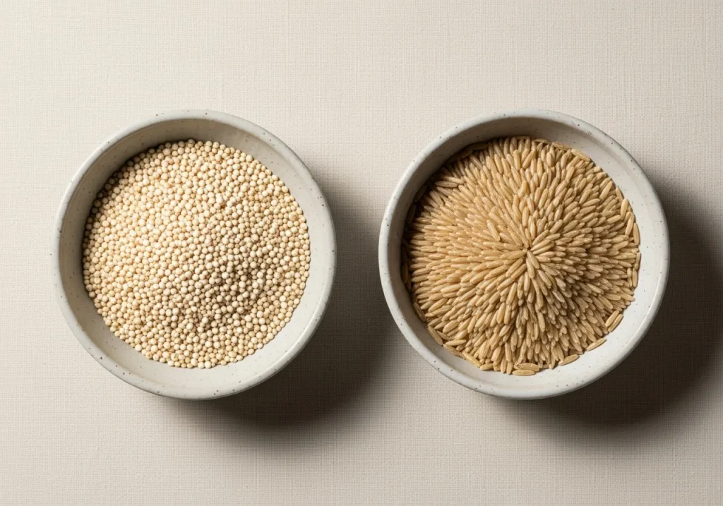 Quinoa and brown rice side by side, photographed for nutritional comparison