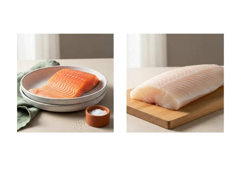 Salmon and cod side by side, photographed for nutritional comparison